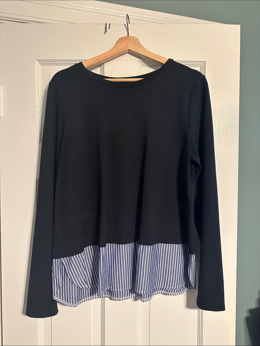 Ann Taylor Black Long Sleeve Top with Blue-White Stripe Hem